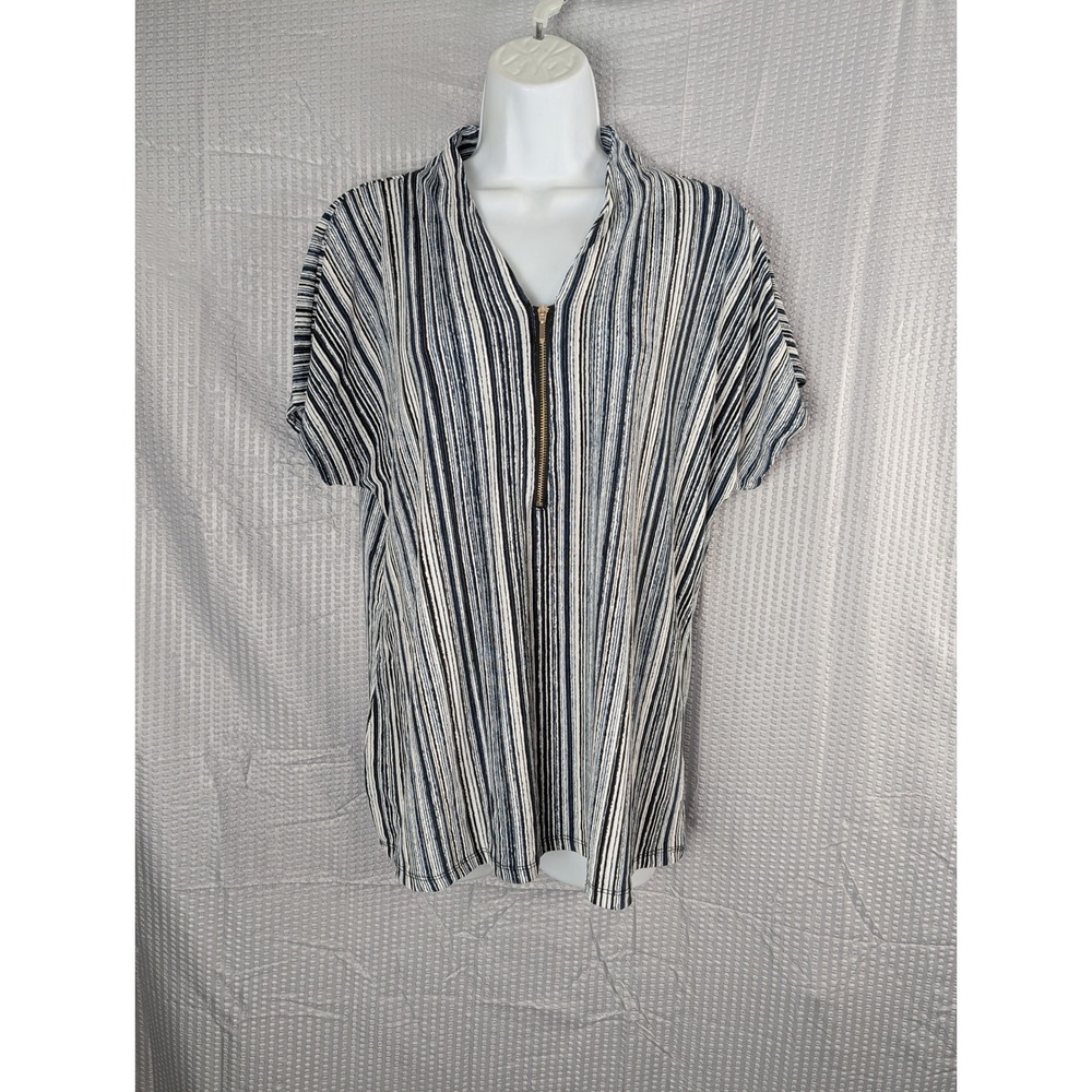 80 Park Womens XL Blue White Striped Top‎ Gold Zip V Neck Short Sleeve Blouse